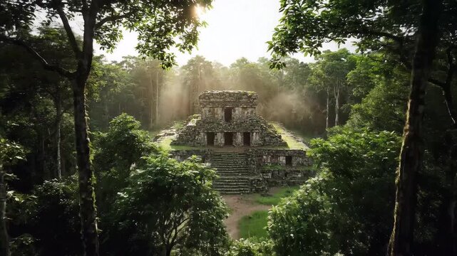 Ancient Mayan Temple Hidden in Lush Jungle with Sun Rays, Palenque, Mexico.