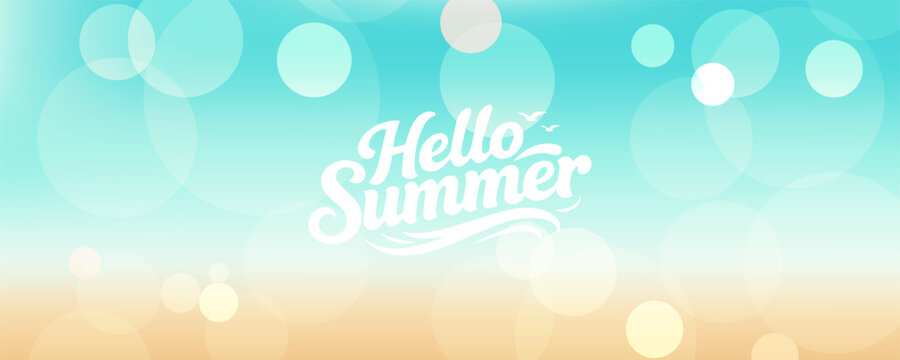 Summer time background with palm trees, Beach umbrella with chairs on the sand. summer sky Bokeh light of sky and sea.Tropical leaves .Summer greeting clipart poster set with tropical palm leaves.