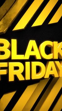 Bold yellow Black Friday text with dynamic lighting on a striped warning