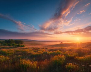 Fototapeta premium Beautiful Autumn Meadow at Sunrise with Soft Amber and Amethyst Sky, Serene Nature Background for Meditation and Wellness Content Featuring a Wide Scenic Horizon