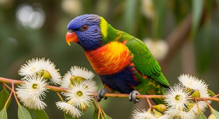 Naklejka premium Vibrant Rainbow Lorikeet parrot perched on a flowering branch with fluffy white blossoms, detailed feathers