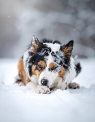 A serene dog lies in snowy landscape, lost in thought