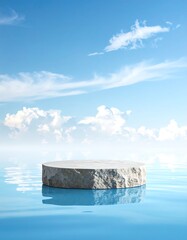 A serene landscape with a stone platform in calm blue water