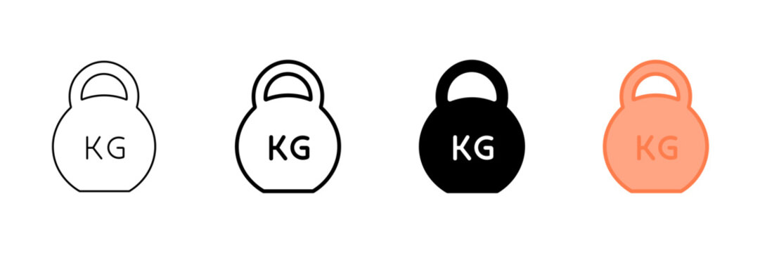 Set of minimalist kilogram weight icons with transparent background, depicting fitness equipment, measurement units, gym tools, and strength training symbols, vector illustration