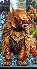 Intricately decorated mythical creature sculpture stands amidst splashing water near a traditional gateway.