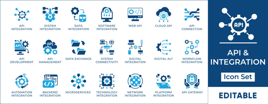 Cloud API integration and backend microservices network connection vector icon set