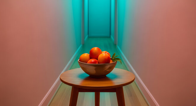 A ceramic bowl full of orange peaches placed on a small wooden tripod table in the middle of a long symmetrical pink and green hallway