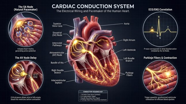 Detailed Illustration of the Cardiac Conduction System and Heart Electrical Activity Mechanism