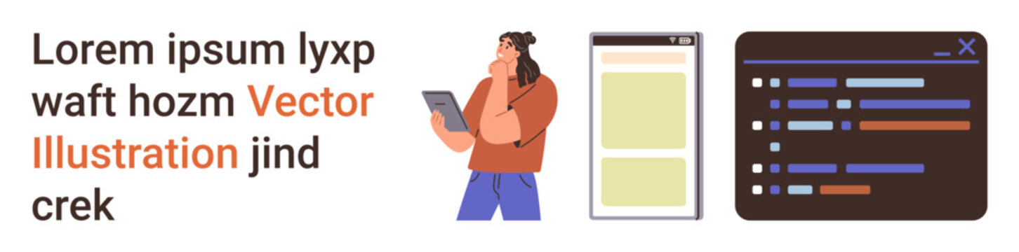 Software development, programming, user interface design, coding, web development, technology. Person holding a tablet next to graphical interface and code editor. Software development