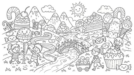 Obraz premium Colorful cartoon candy landscape scene.