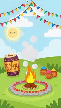 Holika Dahan Bonfire with Dhol and Holi Colors Illustration