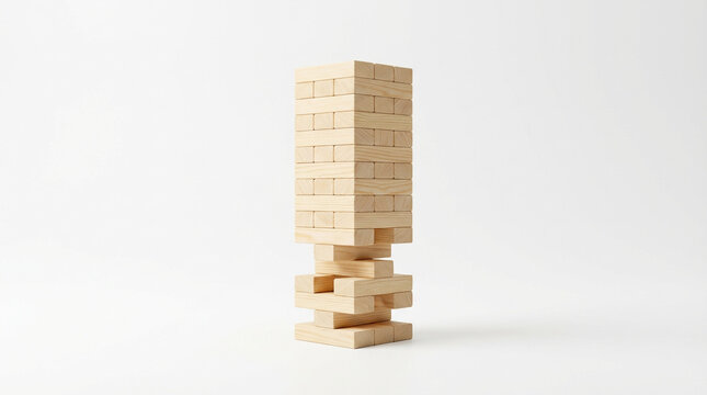 Wooden Jenga tower with missing blocks on a white background, unstable structure, minimalist business risk and strategy concept photography.