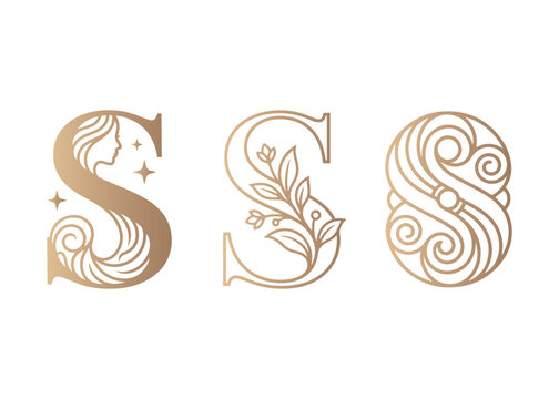 Sophisticated letter s monogram set with female silhouette and botanical leaves