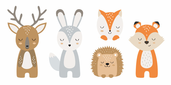 Stylized illustration of a deer rabbit fox and hedgehog animals
