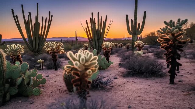 Serene desert landscape at sunset with various cacti silhouetted against a colorful sky