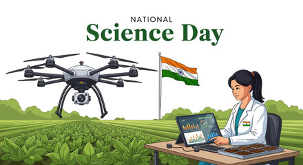 Indian woman scientist celebrating National Science Day with drone technology in a field, representing innovation and research.