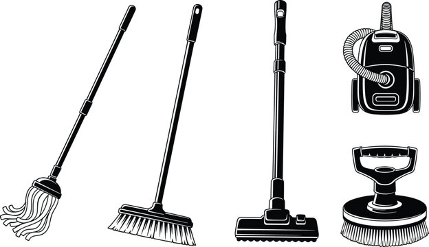 Cleaning Tools Black and White Icon Set with Mop, Broom, Vacuum Cleaner, Brush, and Household Maintenance Equipment Vector Illustrations