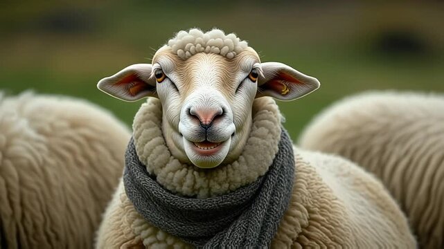 A smiling sheep with textured fleece stands calmly, illuminated by soft light that enhances warmth and charm.