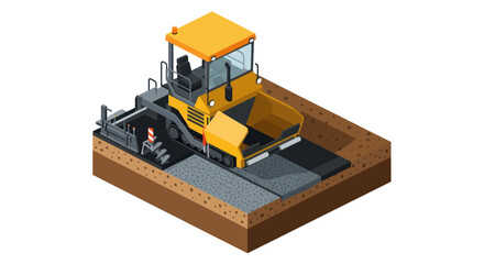 Isometric Road Paver Laying Asphalt on Construction Site.