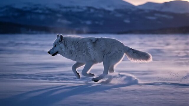Majestic White Wolf Trotting Across Snowy Landscape Under Soft Evening Light With Mountain Backdrop