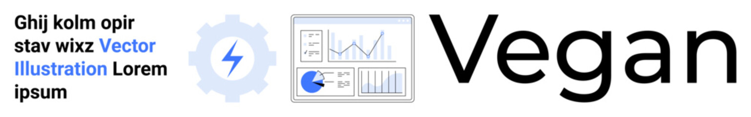 Dashboard graphic with charts, pie graph, and analytics. Gear symbol features lightning bolt. Ideal for data analysis, software, tech, innovation, business tools energy systems simple landing page
