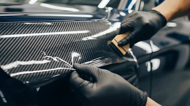 Professional hands wearing black gloves carefully apply carbon fiber vinyl wrap to a dark blue car fender with a squeegee tool in a clean workshop with bright overhead lighting creating a sleek and