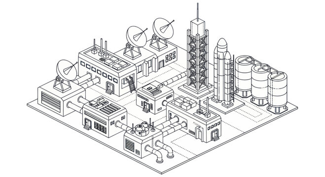 Isometric Space Station with Rockets and Satellite Dishes.