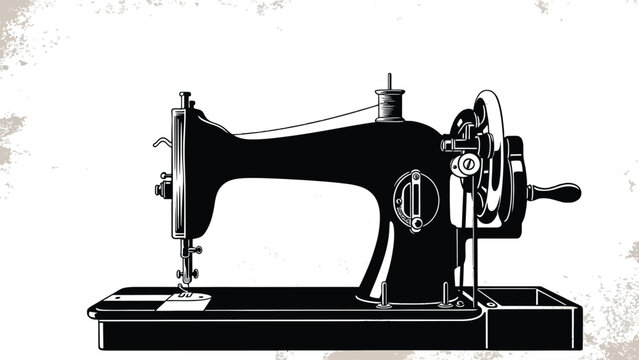 Antique sewing machine detailed illustration with a stark black silhouette