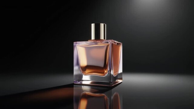 Premium perfume packaging box with glossy finish, dramatic spotlight from above, cinematic luxury advertisement style