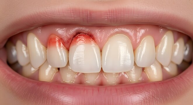 Close up of a person's teeth with visible gum recession and bleeding
