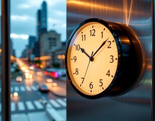 Modern Analog Clock with Urban Dusk Background