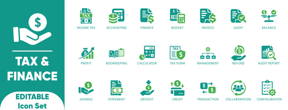 Tax editable solid icon set. deduction, adviser, property, planning, irs, accounting, income, contribution, illustration, and vector