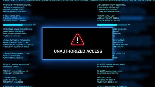 Red Exclamation Mark Warning Symbol unauthorized access Neon Sign on Green Digital Code Background with Glitch Effect
