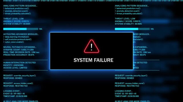Red Exclamation Mark Warning Symbol system failur Neon Sign on Green Digital Code Background with Glitch Effect
