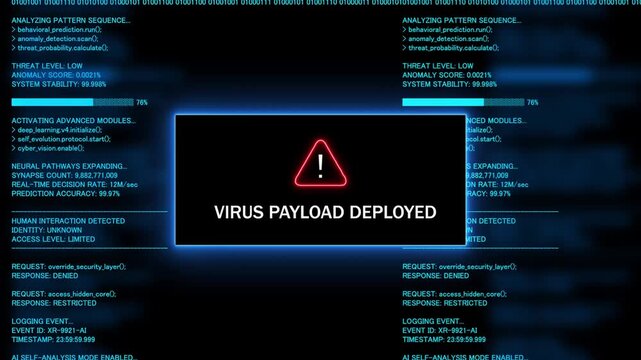 Red Exclamation Mark Warning Symbol virus payload deployed Neon Sign on Green Digital Code Background with Glitch Effect
