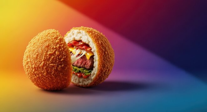 A decadent, deep-fried cheeseburger delicacy featuring a crispy golden batter wrapping a juicy beef patty, melted cheese, and savory fillings, cheese, junkfood, meat