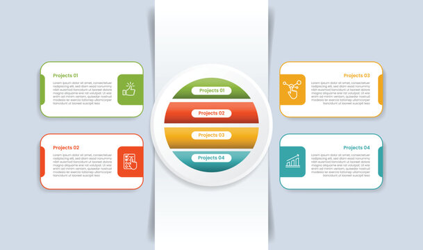 4 points infographic with glossy gradient style with big circle center with stacked list inside with matrix quadrant structure with four segment information
