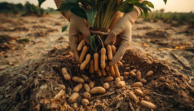 Hands Wearing Garden Gloves picking Moongfali (Peanuts/Groundnuts)