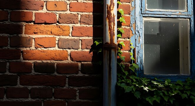 Weathered reddish brown brick wall juxtaposed against a neglected window with peeling blue paint and climbing ivy next to a rusty drainpipe