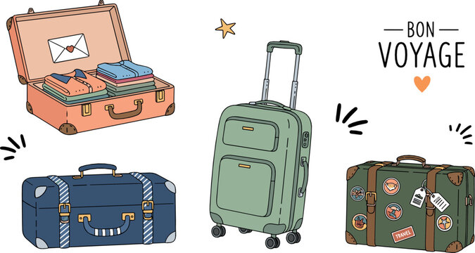 Travel suitcase and luggage set with vintage bags and modern trolley, vacation journey concept illustrated in playful hand drawn flat vector style
