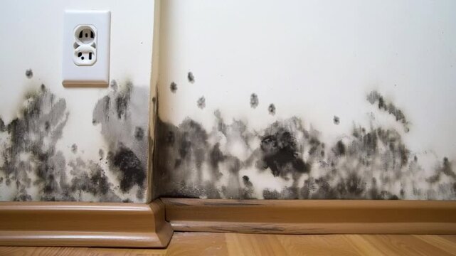 Black mold growing on interior wall near electrical outlet close up, household moisture damage and fungus infestation problem, toxic mildew contamination in apartment corner, unhealthy living conditio