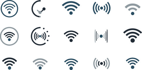 WiFi and wireless network icon collection with signal strength symbols and connectivity indicators illustrated in clean minimal flat vector style