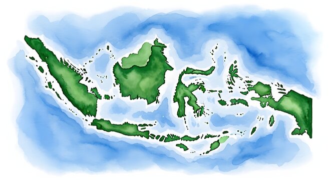 Watercolor map of Indonesia with green islands and blue sea