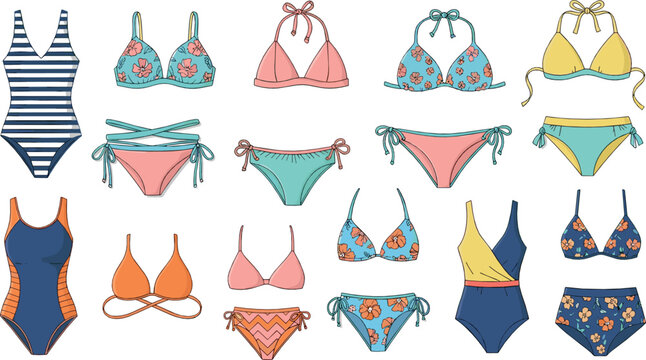 Women swimwear and bikini collection with one piece and two piece designs in floral and striped patterns illustrated in flat vector style