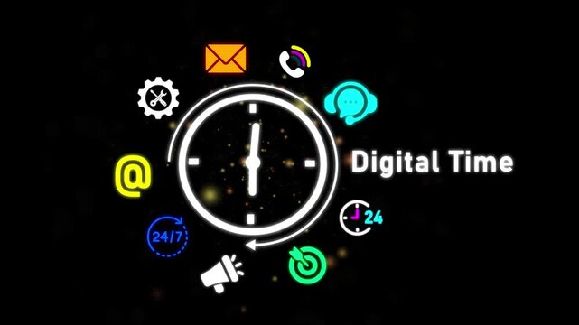Digital Time concept with clock and communication icons on a dark starry background image photo