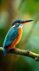 Common kingfisher (Alcedo atthis) perched on a mossy branch, vertical portrait in a green forest