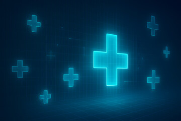 Obraz premium Medical concept design template with health symbols and medic icons in a dark blue background pattern for doctor use