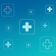 Fototapeta premium Medical concept design template with health icons and medic symbols on a blue gradient background pattern for doctor