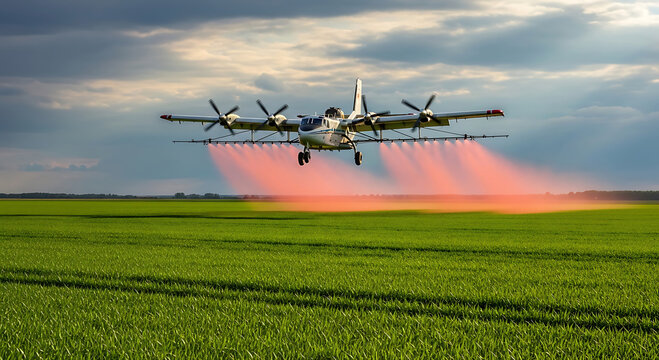 Twin-engine airplane spraying crops over green field under cloudy sky