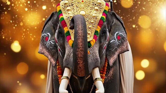 Magnificent Decorated Elephant With Golden Ornaments And Colorful Garlands During A Festive Ceremony With Bokeh Background